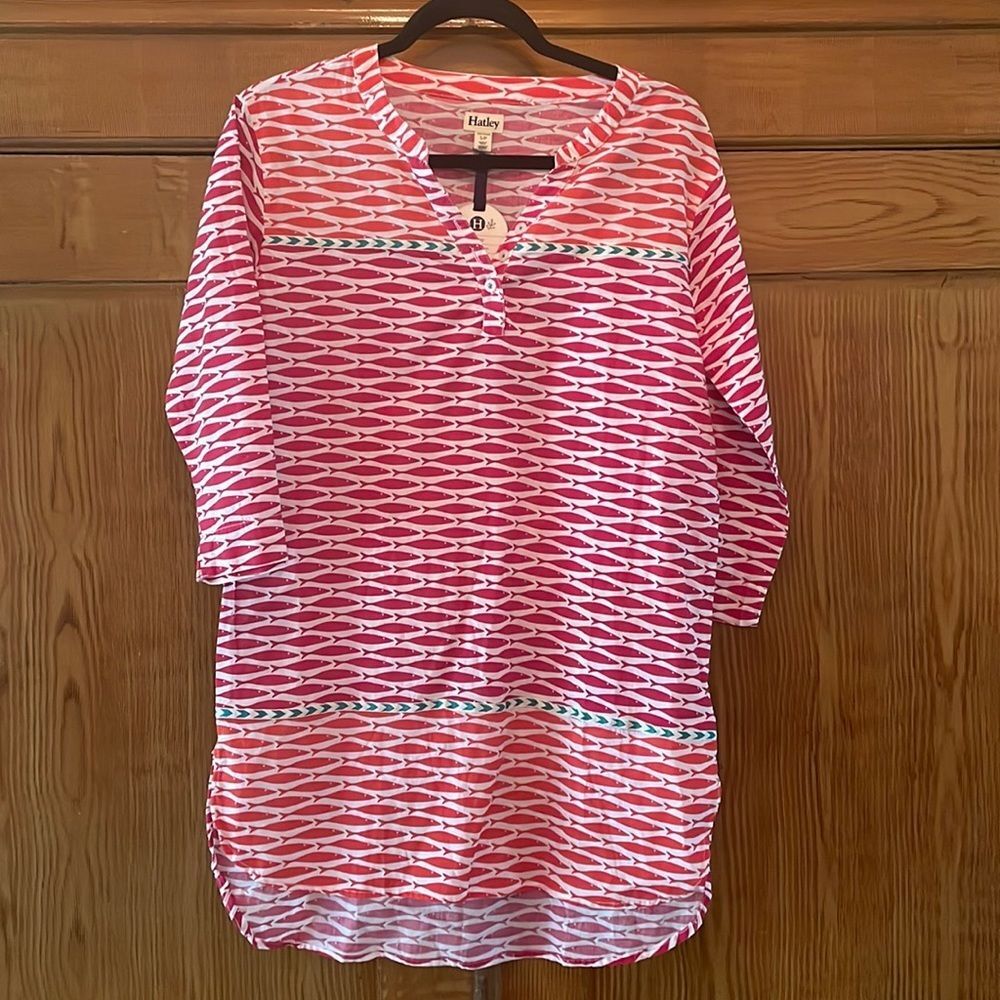 NWT Hatley Cotton Fuchsia Tropical Fish Print Taped Tunic Size Small